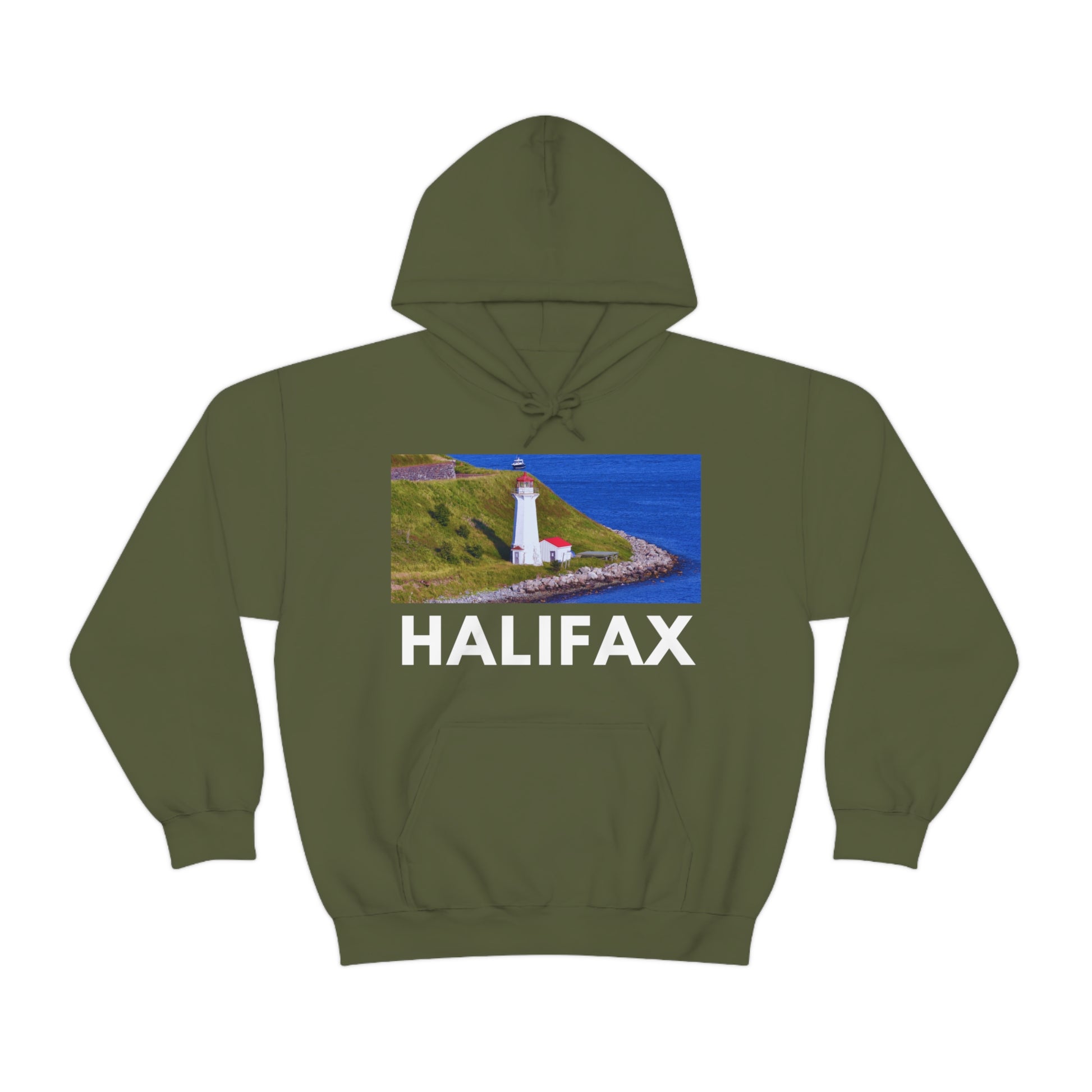 S Military Green Halifax Hoodie: Coastal Lighthouse from HoodySZN.com
