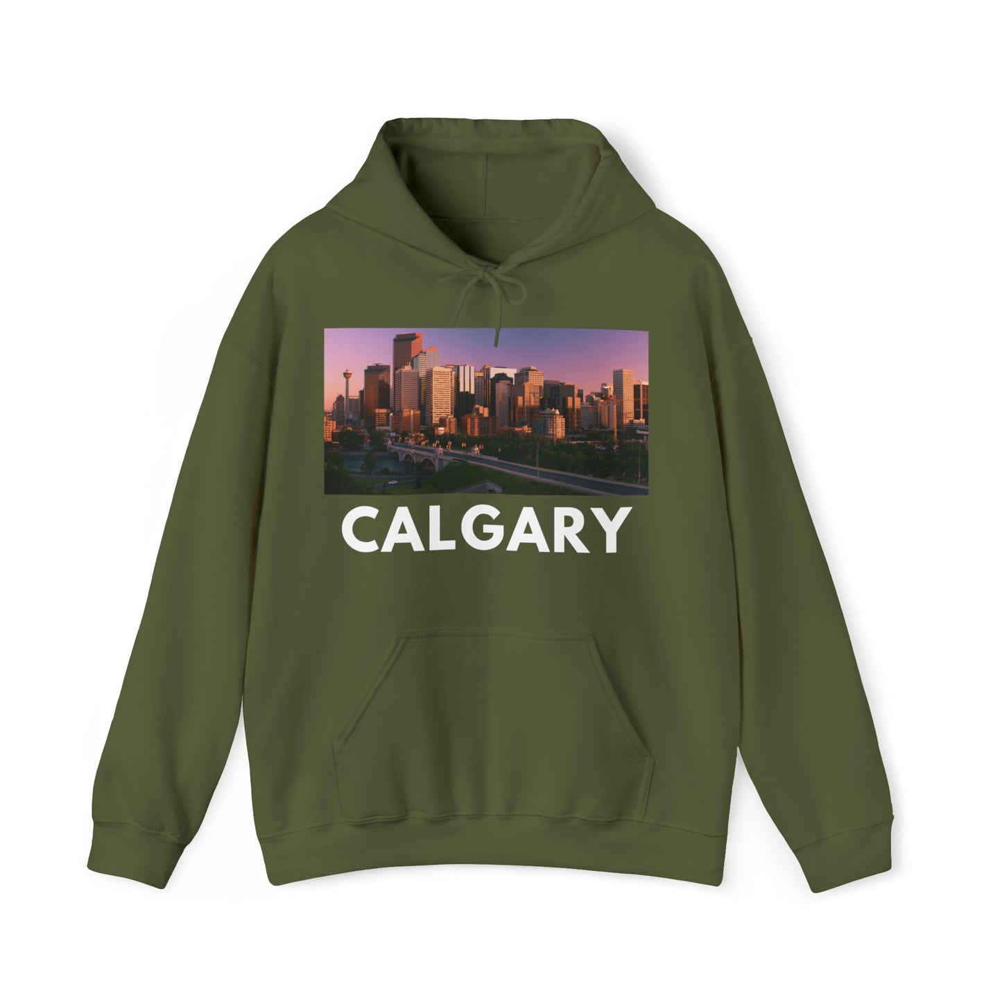 M Military Green Calgary Hoodie: Downtown at Sunset from HoodySZN.com